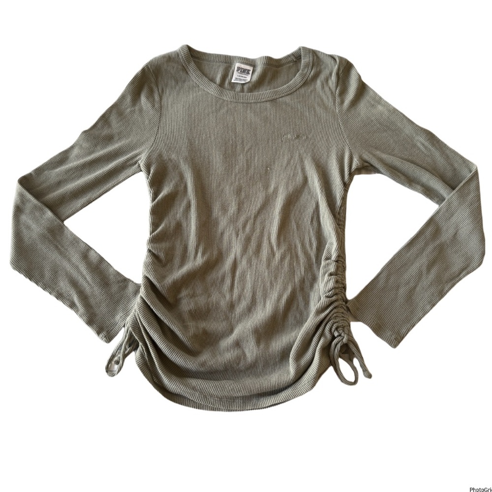 Victoria’s Secret Pink Waffle Knit Ruched Olive Green Top Sz L